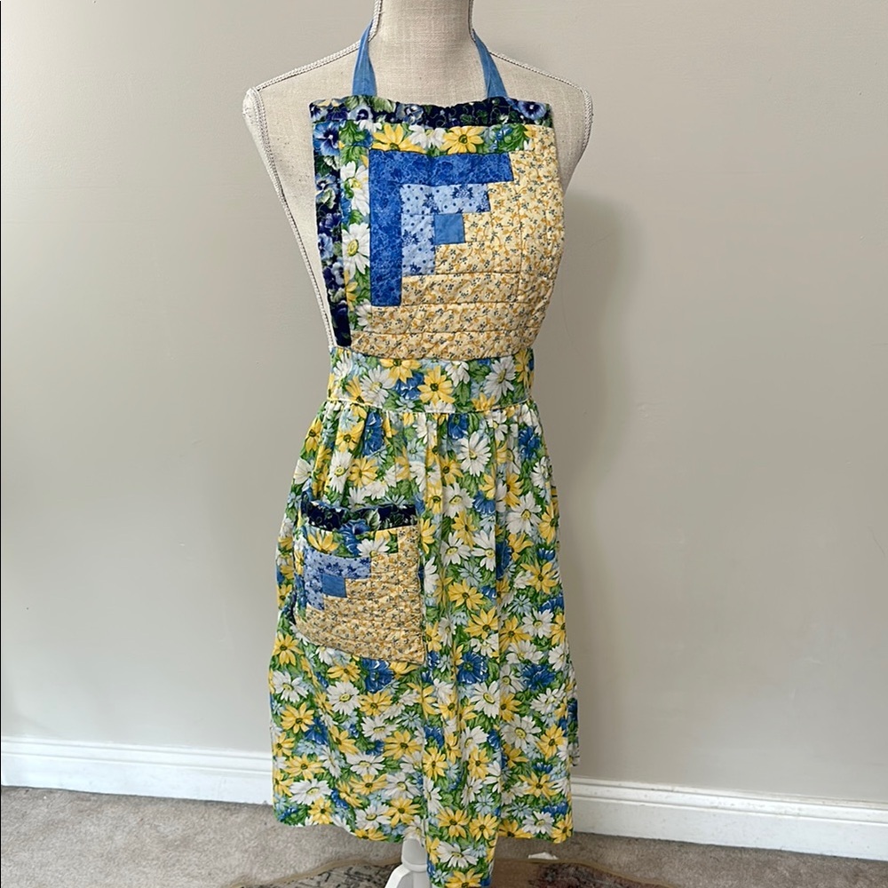 Vintage Floral‎ Patchwork Apron with Blue and Yellow Accents